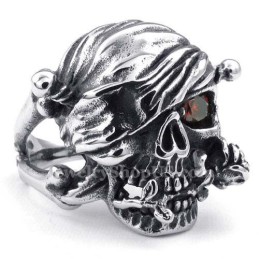 Anello Teschio In Titanio Con Occhio In Zircone Rosso