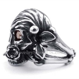 Anello Teschio In Titanio Con Occhio In Zircone Rosso