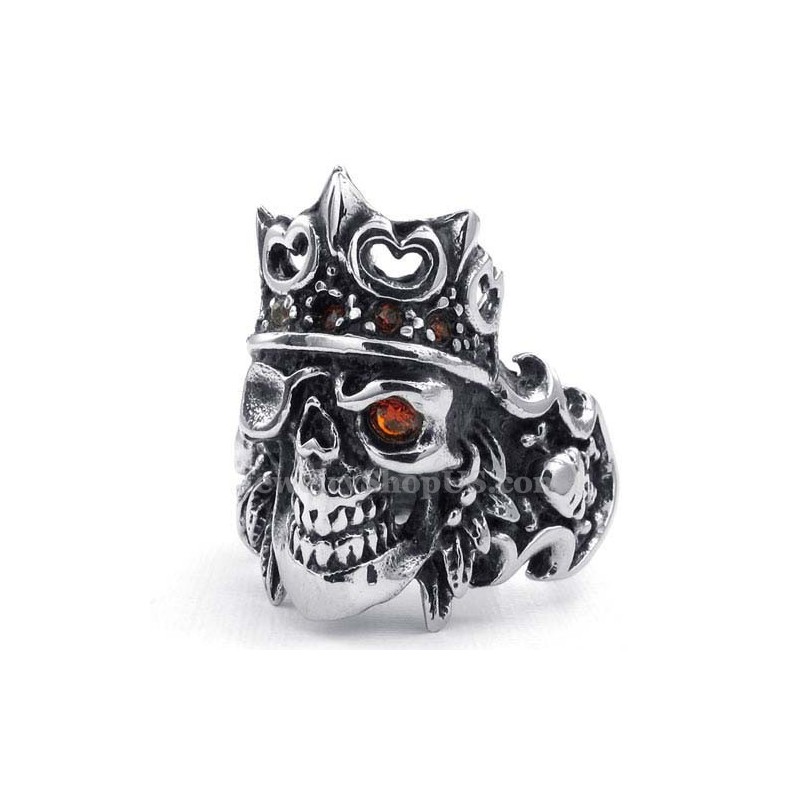 Anello In Titanio Con Teschio E Corona Imperiale Con Zircone Rosso Anello In Titanio Con Teschio E Corona Imperiale Con Zircone Rosso