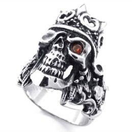 Anello In Titanio Con Teschio E Corona Imperiale Con Zircone Rosso