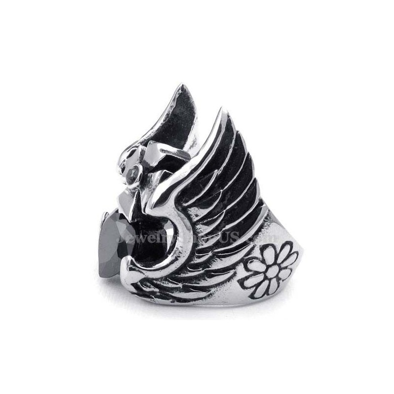 Anello In Titanio Con Croce E Piuma E Zircone Nero Anello In Titanio Con Croce E Piuma E Zircone Nero