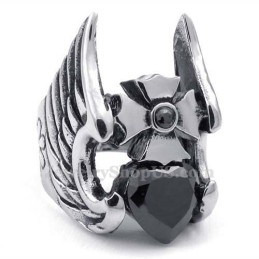 Anello In Titanio Con Croce E Piuma E Zircone Nero
