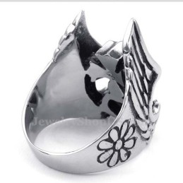 Anello In Titanio Con Croce E Piuma E Zircone Nero
