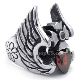 Anello In Titanio Con Croce E Piuma E Zircone Rosso