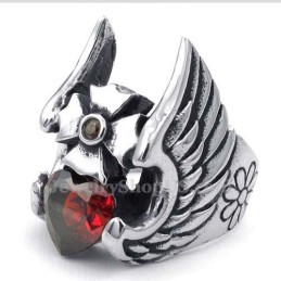 Anello In Titanio Con Croce E Piuma E Zircone Rosso