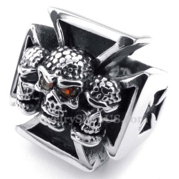 Anello In Titanio Con Teschio A Croce E Occhi In Zircone Rosso