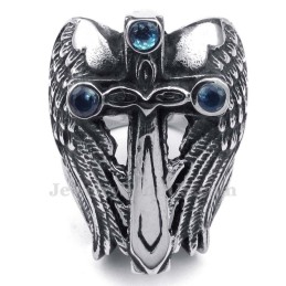 Anello In Titanio Con Croce E Zircone Blu