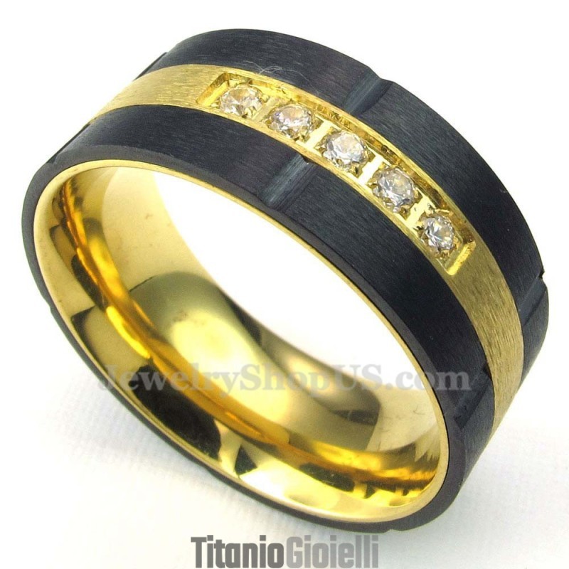 Anello In Titanio Nero Dorato Con Zircone Bianco