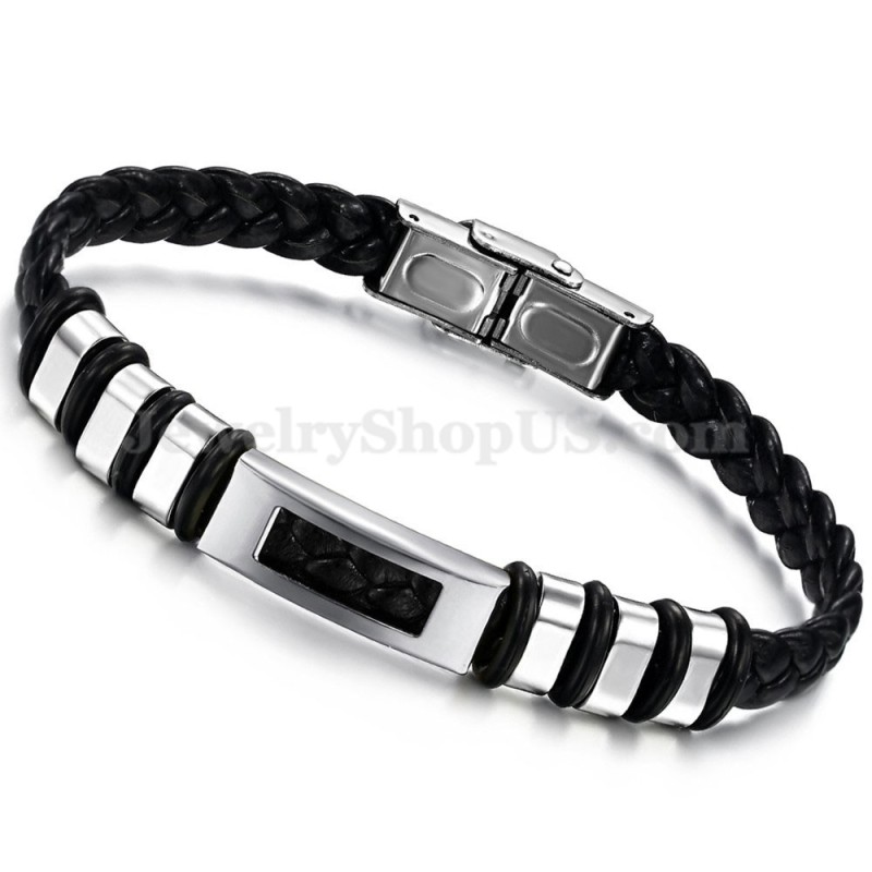 Bracciale Da Uomo In Pelle Di Titanio Nero Argento C767