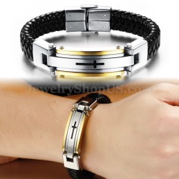 Bracciale Da Uomo In Pelle E Titanio Con Croce C916