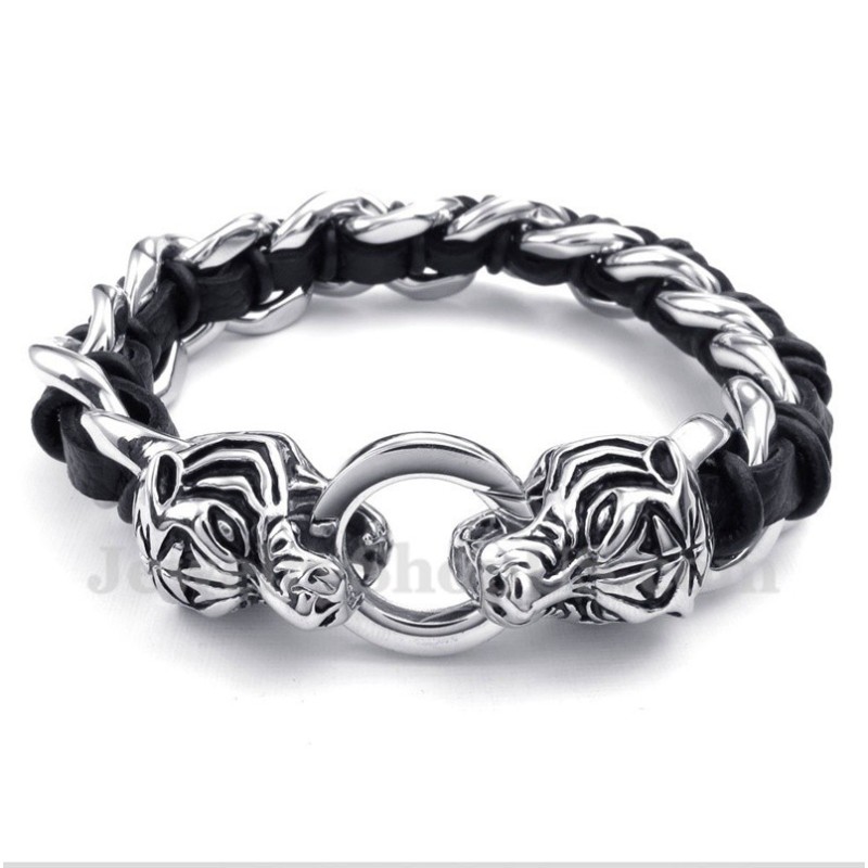 Bracciale Da Uomo In Titanio Con Testa Di Tigre In Pelle Bracciale Da Uomo In Titanio Con Testa Di Tigre In Pelle