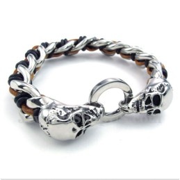 Bracciale In Pelle Con Teschio In Titanio Da Uomo