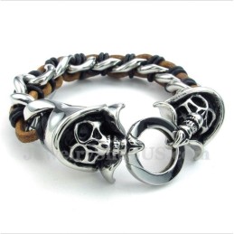 Bracciale In Pelle Con Simbolo Della Morte In Titanio Da Uomo