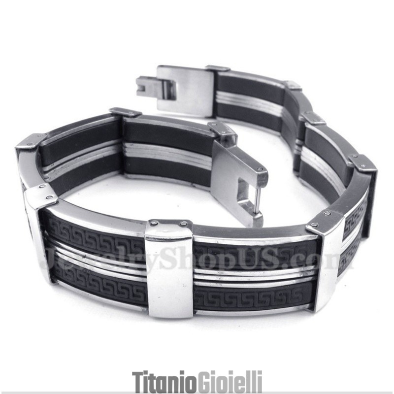 Bracciale Da Uomo In Titanio E Gomma Con Motivo A Meandro Greco