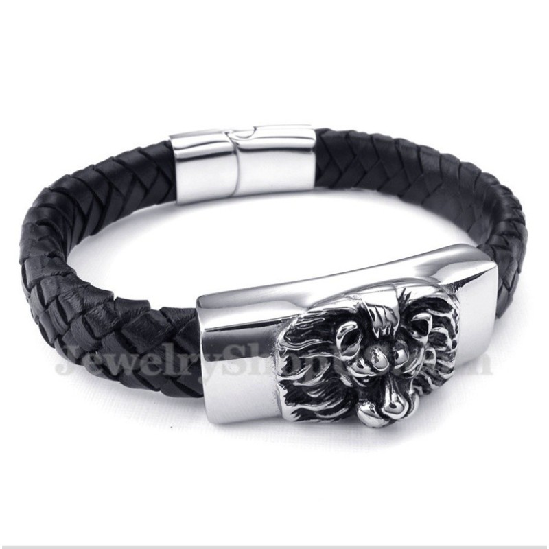 Bracciale In Pelle Con Testa Di Leone In Titanio Da Uomo Bracciale In Pelle Con Testa Di Leone In Titanio Da Uomo