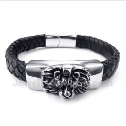 Bracciale In Pelle Con Testa Di Leone In Titanio Da Uomo
