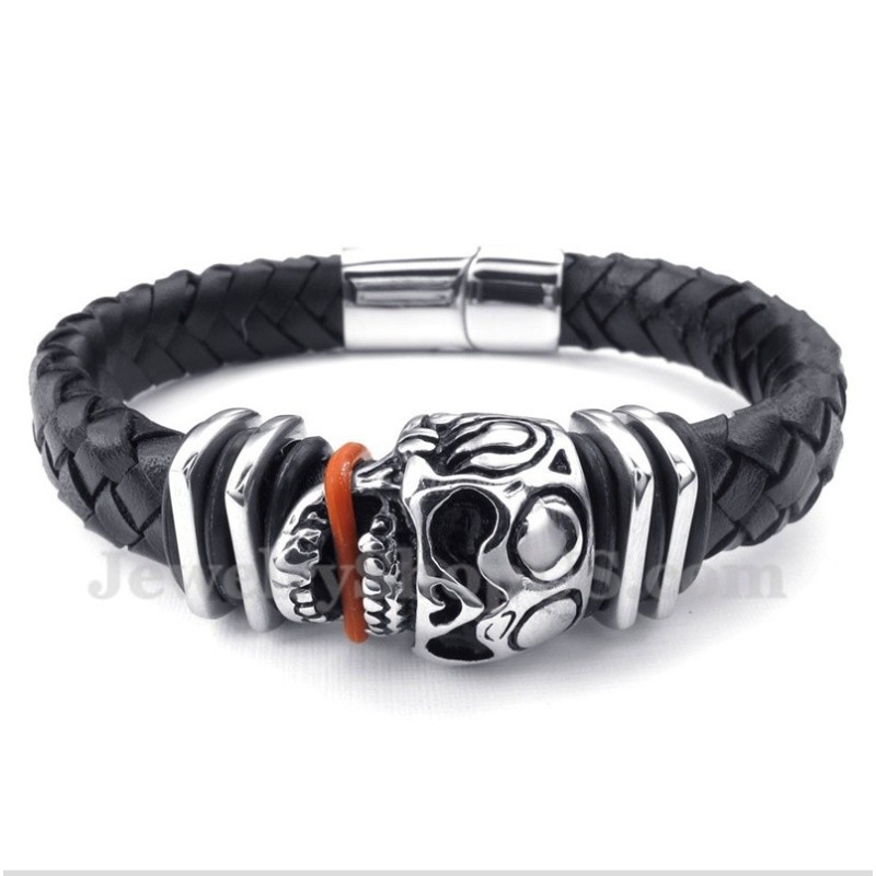 Bracciale Da Uomo In Pelle Con Teschio In Titanio Bracciale Da Uomo In Pelle Con Teschio In Titanio