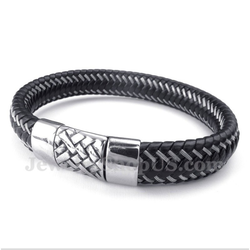 Bracciale Da Uomo In Titanio Con Cavo In Pelle Nera Bracciale Da Uomo In Titanio Con Cavo In Pelle Nera
