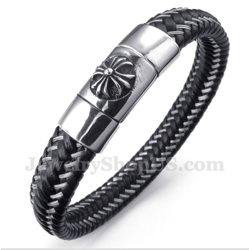 Bracciale Da Uomo In Titanio Con Cavo In Pelle Nera Bracciale Da Uomo In Titanio Con Cavo In Pelle Nera