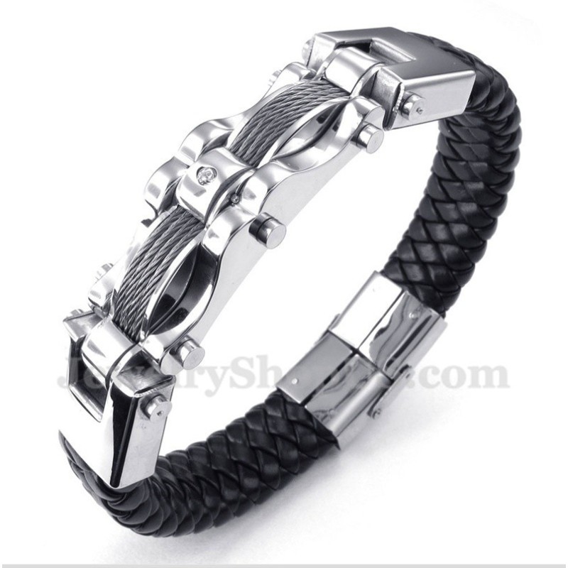 Bracciale Da Uomo In Pelle Con Diamanti E Cavo In Titanio Bracciale Da Uomo In Pelle Con Diamanti E Cavo In Titanio