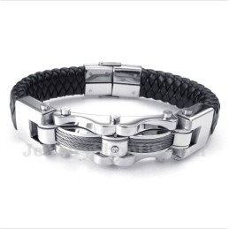 Bracciale Da Uomo In Pelle Con Diamanti E Cavo In Titanio