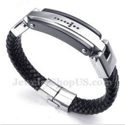 Bracciale Da Uomo In Pelle Con Croce In Cristallo Nero In Titanio