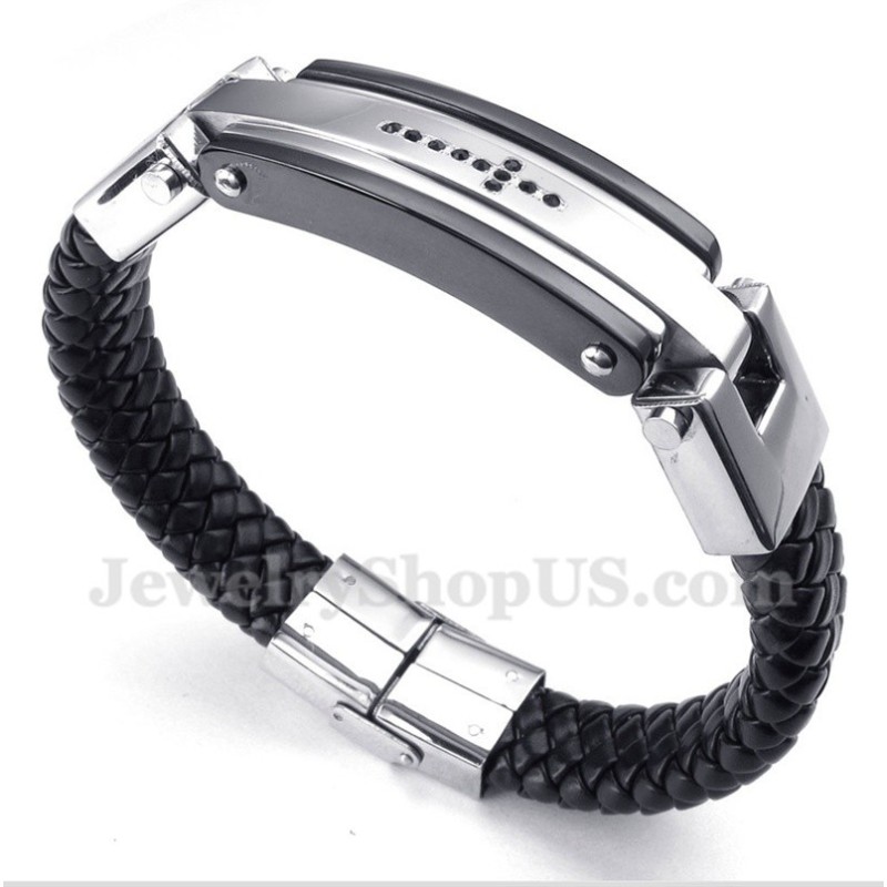 Bracciale Da Uomo In Pelle Con Croce In Cristallo Nero In Titanio Bracciale Da Uomo In Pelle Con Croce In Cristallo Nero In Titanio