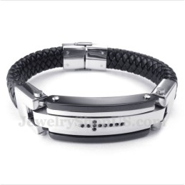 Bracciale Da Uomo In Pelle Con Croce In Cristallo Nero In Titanio