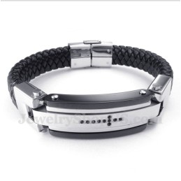 Bracciale Da Uomo In Pelle Con Croce In Cristallo Nero In Titanio