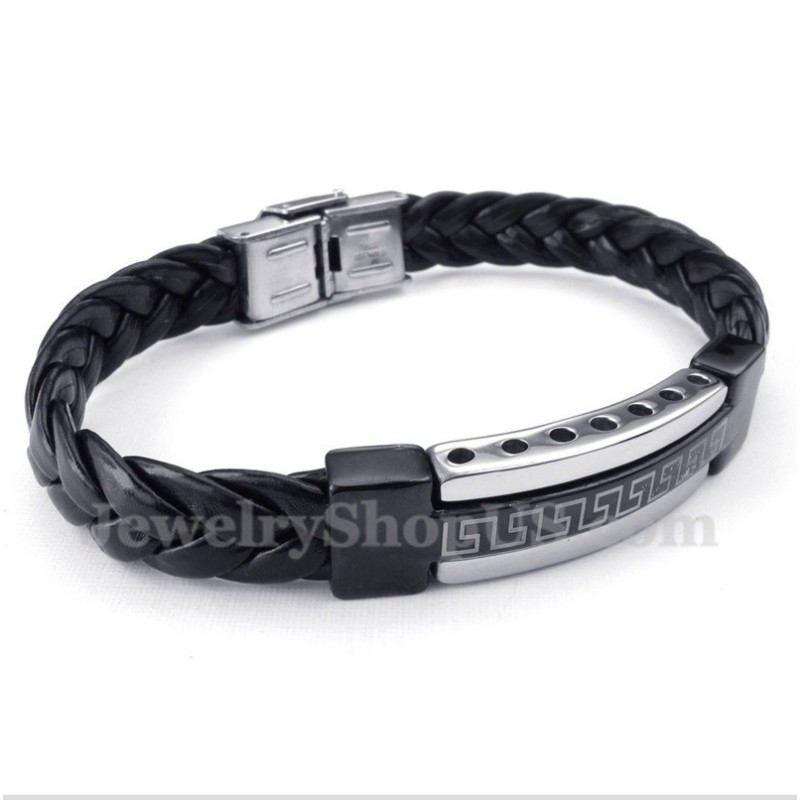 Bracciale In Pelle Con Motivo Greco A Meandro In Titanio Da Uomo Bracciale In Pelle Con Motivo Greco A Meandro In Titanio Da Uomo