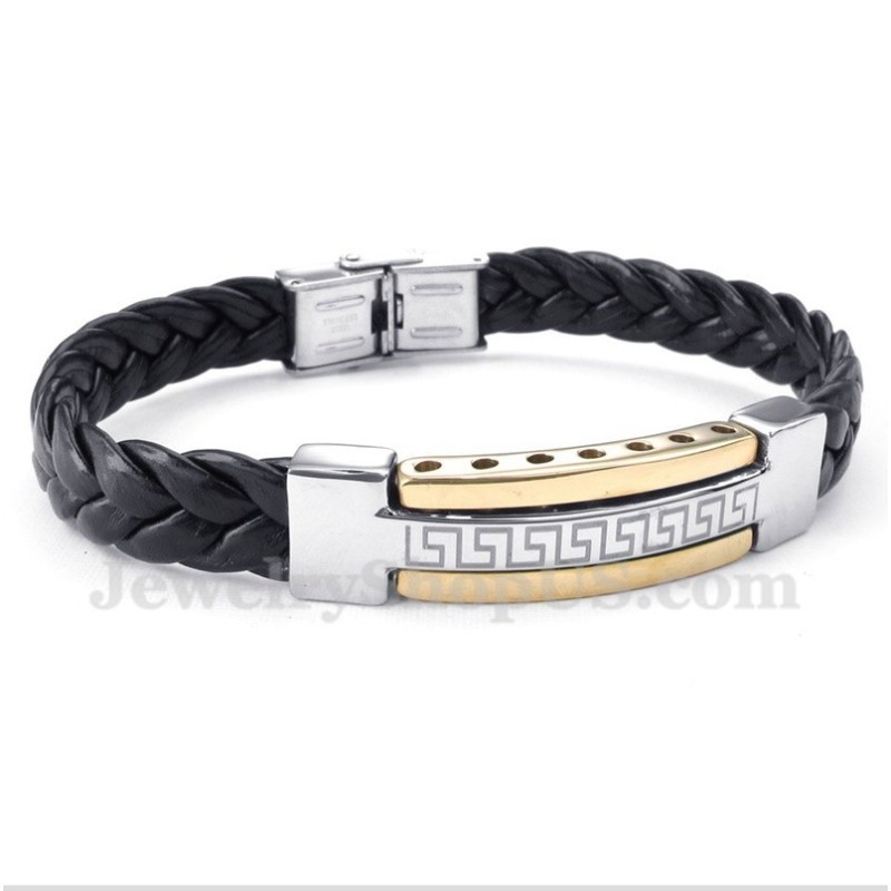 Bracciale Da Uomo In Titanio Con Motivo Greco A Meandro Dorato In Pelle Bracciale Da Uomo In Titanio Con Motivo Greco A Meandro Dorato In Pelle