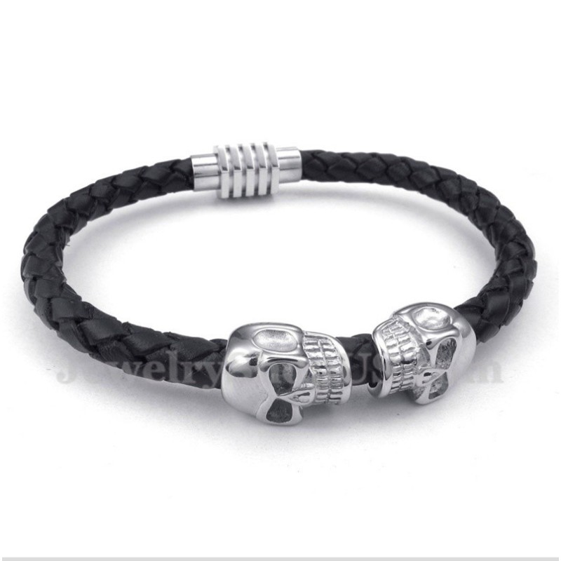 Bracciale In Pelle E Titanio Con Teschio Da Uomo Bracciale In Pelle E Titanio Con Teschio Da Uomo