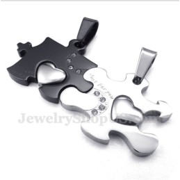 Ciondolo A Forma Di Puzzle In Titanio Nero Per Coppia Con Catena Gratuita (Un Paio)