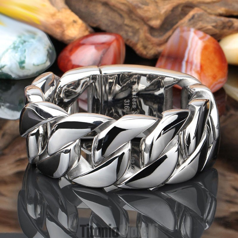 Braccialetto Alla Moda Con Catena In Titanio Lucido A Sezione Spessa