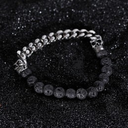 Bracciale In Titanio Con Perline Di Pietra Vulcanica E Teschio Di Buddha