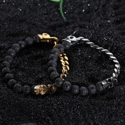 Bracciale In Titanio Con Perline Di Pietra Vulcanica E Teschio Di Buddha