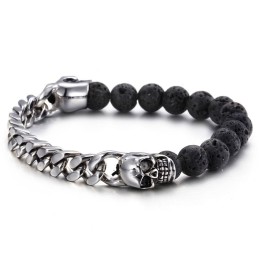 Bracciale In Titanio Con Perline Di Pietra Vulcanica E Teschio Di Buddha
