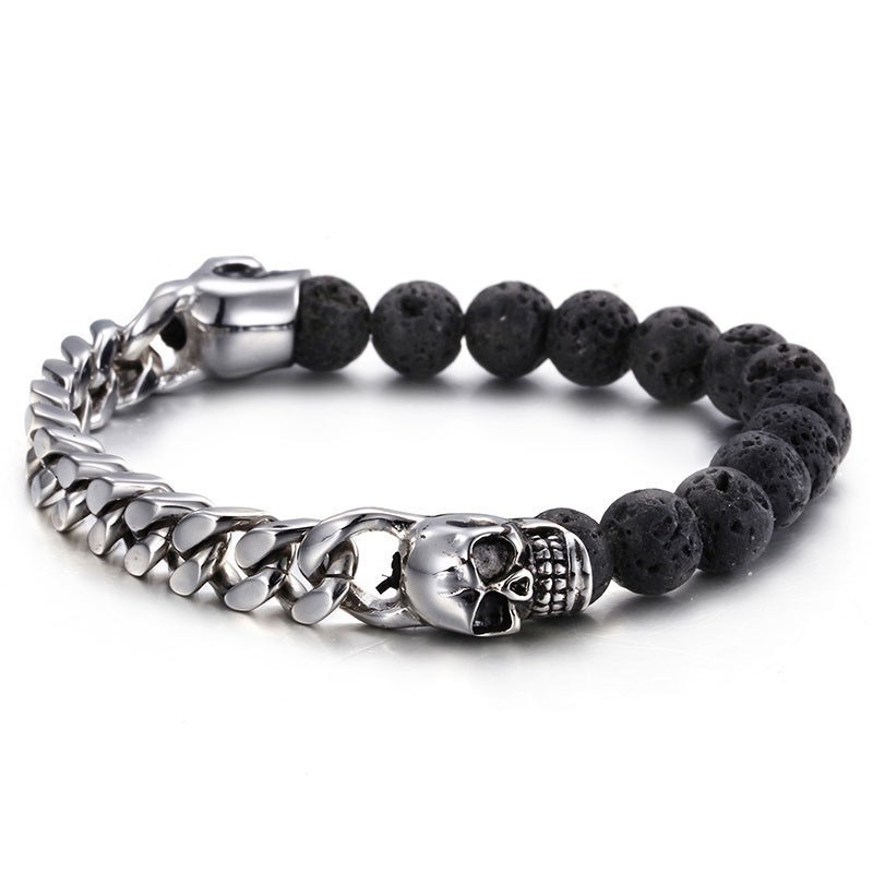 Bracciale In Titanio Con Perline Di Pietra Vulcanica E Teschio Di Buddha Bracciale In Titanio Con Perline Di Pietra Vulcanica E Teschio Di Buddha