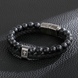 Bracciale In Titanio Turchese, Moda Uomo, Bracciale In Pelle Con Croce