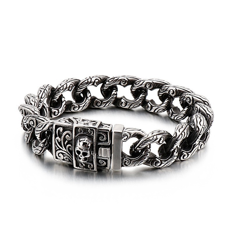 Bracciale Da Uomo In Titanio Con Passanti Vintage E Teschi Floreali Bracciale Da Uomo In Titanio Con Passanti Vintage E Teschi Floreali