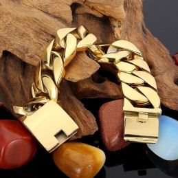 Bracciale Cuba Spesso Da Uomo In Titanio, Bracciale Hip Hop Trendy Da Uomo In Titanio Placcato Oro 18 Carati
