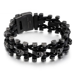 Bracciale Da Motociclista Da Uomo In Titanio Con Corda In Pelle Spessa E Teschio, Stile Retrò