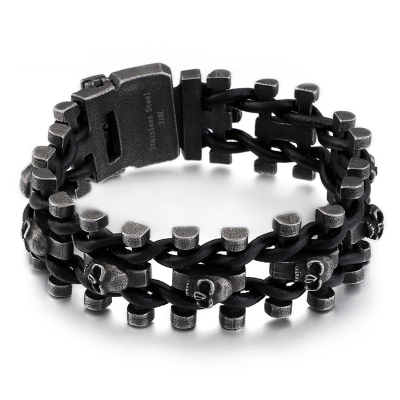 Bracciale Da Motociclista Da Uomo In Titanio Con Corda In Pelle Spessa E Teschio, Stile Retrò Bracciale Da Motociclista Da Uomo In Titanio Con Corda In Pelle Spessa E Teschio, Stile Retrò