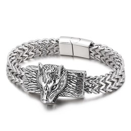 Bracciale Da Uomo In Titanio Con Testa Di Lupo Hip-Hop E Catena Intrecciata A Doppia Fila