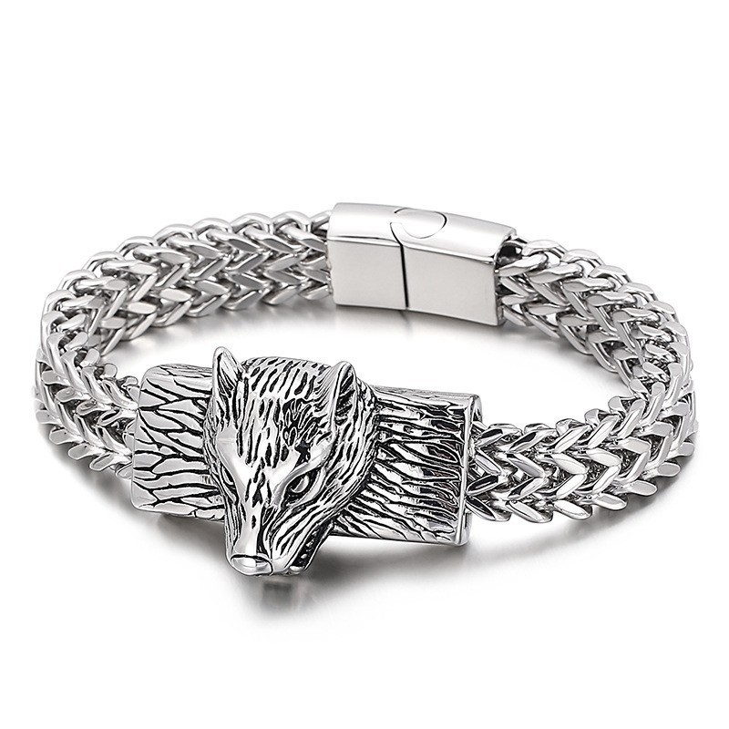 Bracciale Da Uomo In Titanio Con Testa Di Lupo Hip-Hop E Catena Intrecciata A Doppia Fila Bracciale Da Uomo In Titanio Con Testa Di Lupo Hip-Hop E Catena Intrecciata A Doppia Fila