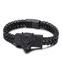 Bracciale Da Uomo In Titanio Con Testa Di Lupo Hip Hop A Doppia Fila E Catena Intrecciata