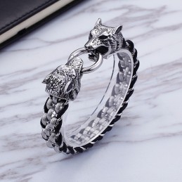Bracciale In Titanio Con Chiusura A Doppio Anello A Forma Di Testa Di Lupo Per Uomo