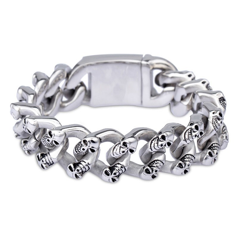 Bracciale In Titanio Con Teschio A Doppia Fila Per Uomo Bracciale In Titanio Con Teschio A Doppia Fila Per Uomo