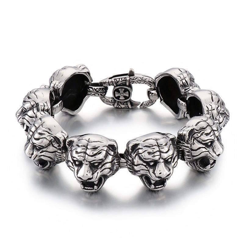 Bracciale Alla Moda In Titanio Con Chiusura A Fiore E Testa Di Tigre, Per Uomo Bracciale Alla Moda In Titanio Con Chiusura A Fiore E Testa Di Tigre, Per Uomo
