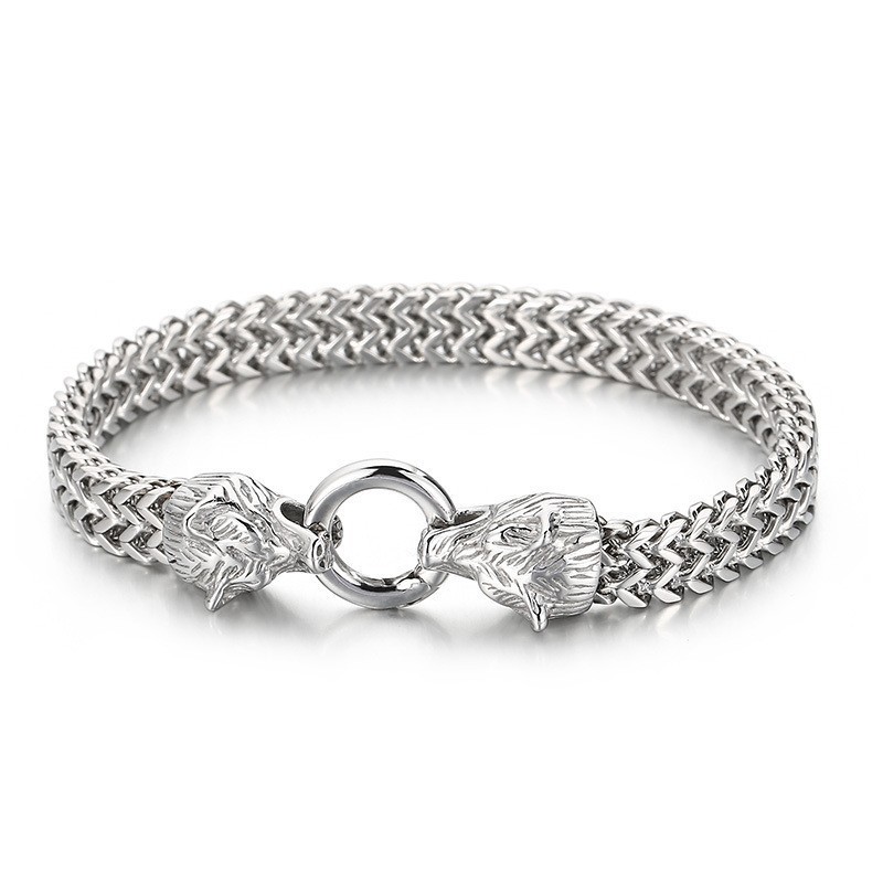 Bracciale Da Uomo In Titanio Con Testa Di Lupo Doppia, Stile Rock Hip-Hop
